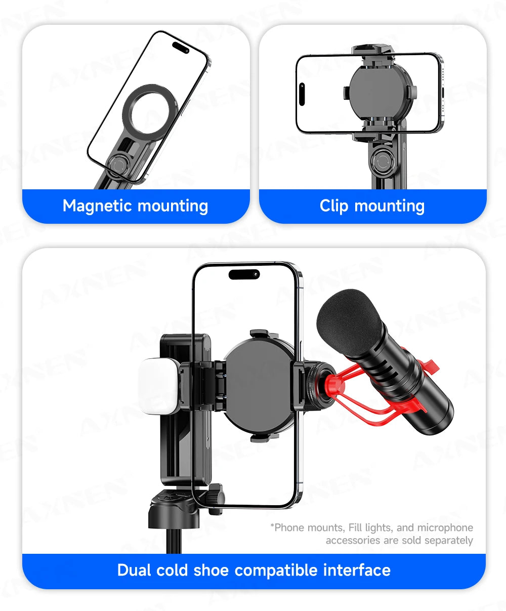 Magnetic Mini Selfie Stick Tripod for Cellphone with Extension Rod Wireless Remote, Fill Light Option, for Smartphone Vlog Shoot