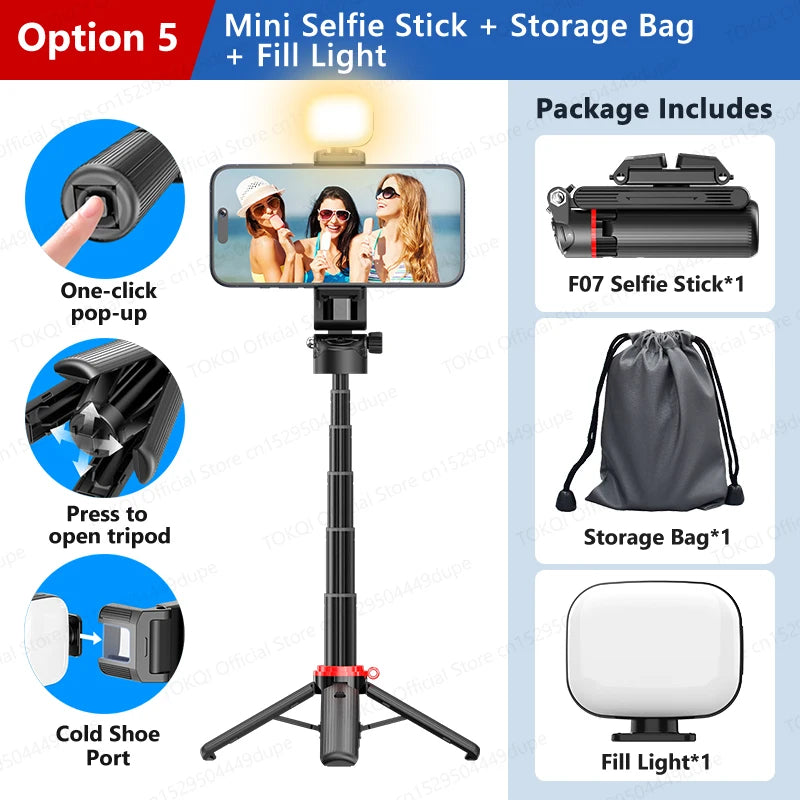 TOKQI Tripod Extendable Selfie Stick Phone Holder Mini Quadpod for Mobile Phone Vlog Video Recording with Zoom, Optional Light