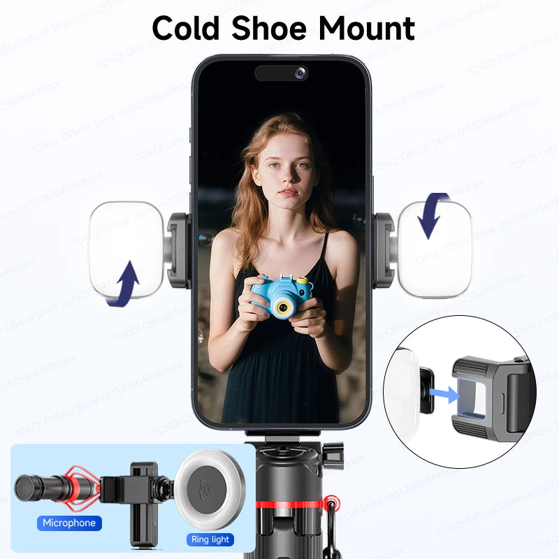 TOKQI Tripod Extendable Selfie Stick Phone Holder Mini Quadpod for Mobile Phone Vlog Video Recording with Zoom, Optional Light