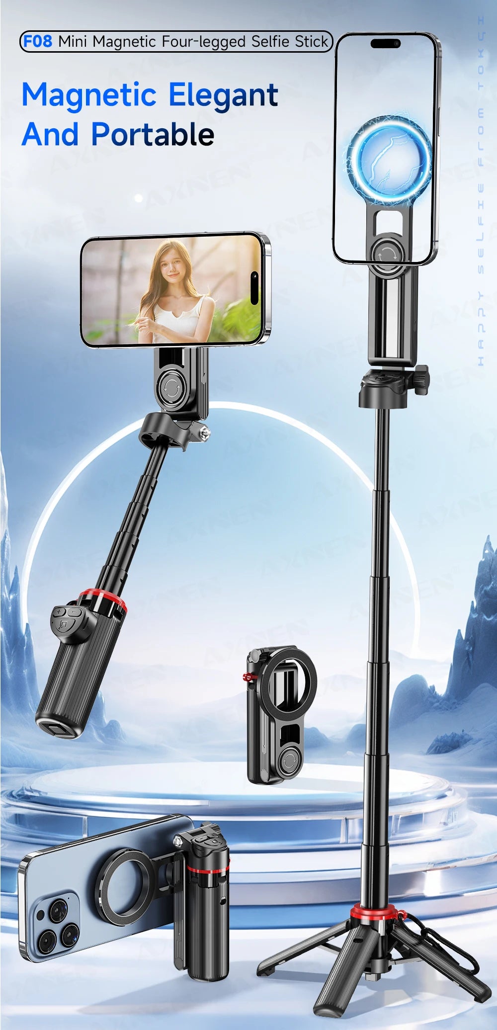 Magnetic Mini Selfie Stick Tripod for Cellphone with Extension Rod Wireless Remote, Fill Light Option, for Smartphone Vlog Shoot