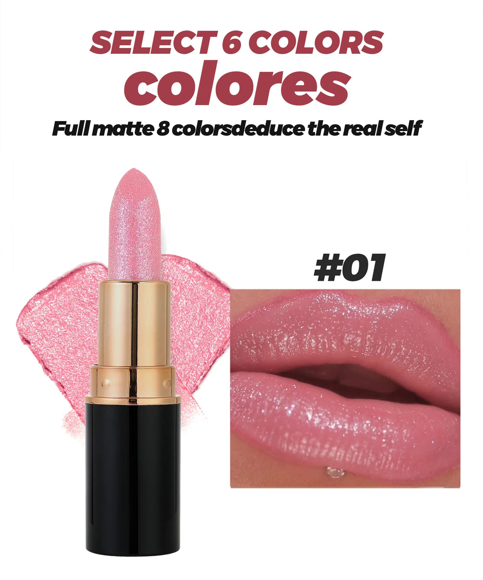 6 Colors Glitter Lipstick Waterproof Lasting Diamond Pearlescent Metallic Lipstick Pink Red Lip Gloss Women Lips Makeup Cosmetic