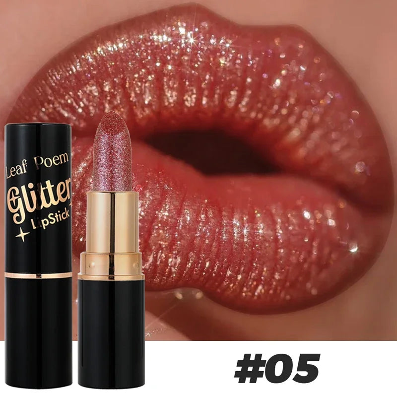6 Colors Glitter Lipstick Waterproof Lasting Diamond Pearlescent Metallic Lipstick Pink Red Lip Gloss Women Lips Makeup Cosmetic