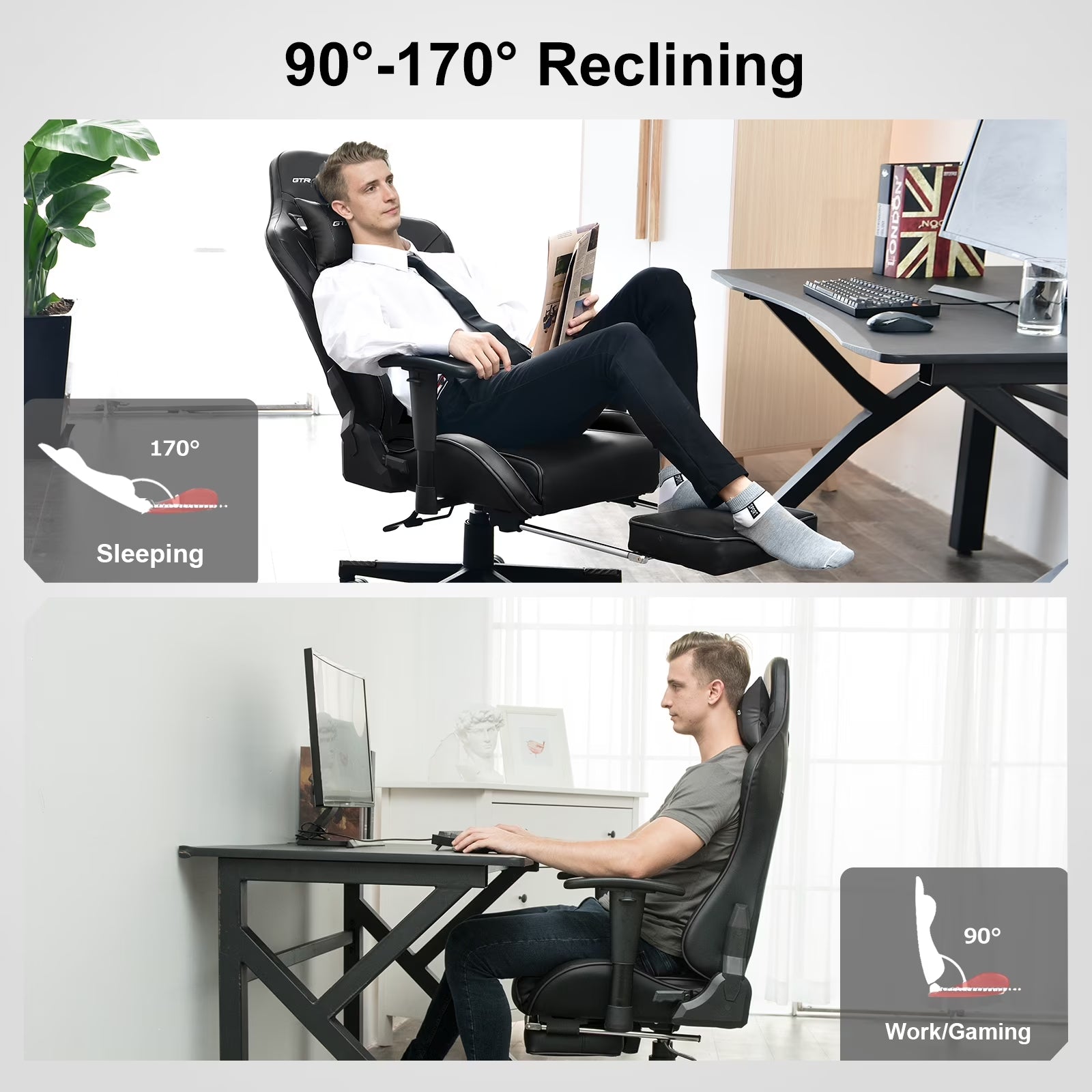 GTRACING Music Gaming Chair with Footrest Ergonomic Reclining PU Leather Office Chair, Black