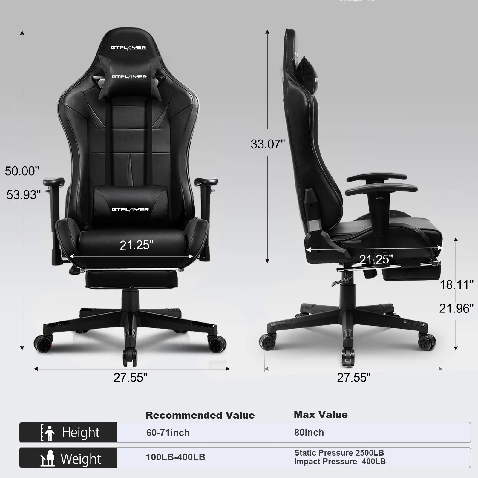 GTRACING Music Gaming Chair with Footrest Ergonomic Reclining PU Leather Office Chair, Black