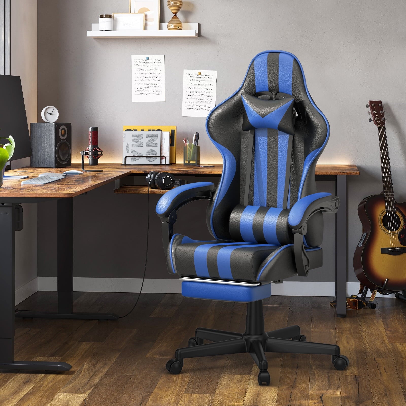 Gaming Chair with Footrest, High Back Game Gamer Chair for Adult, Ergonomic Office Chair with Massage Lumbar Pillow, Computer Chair Height Adjustable with Swivel, Blue