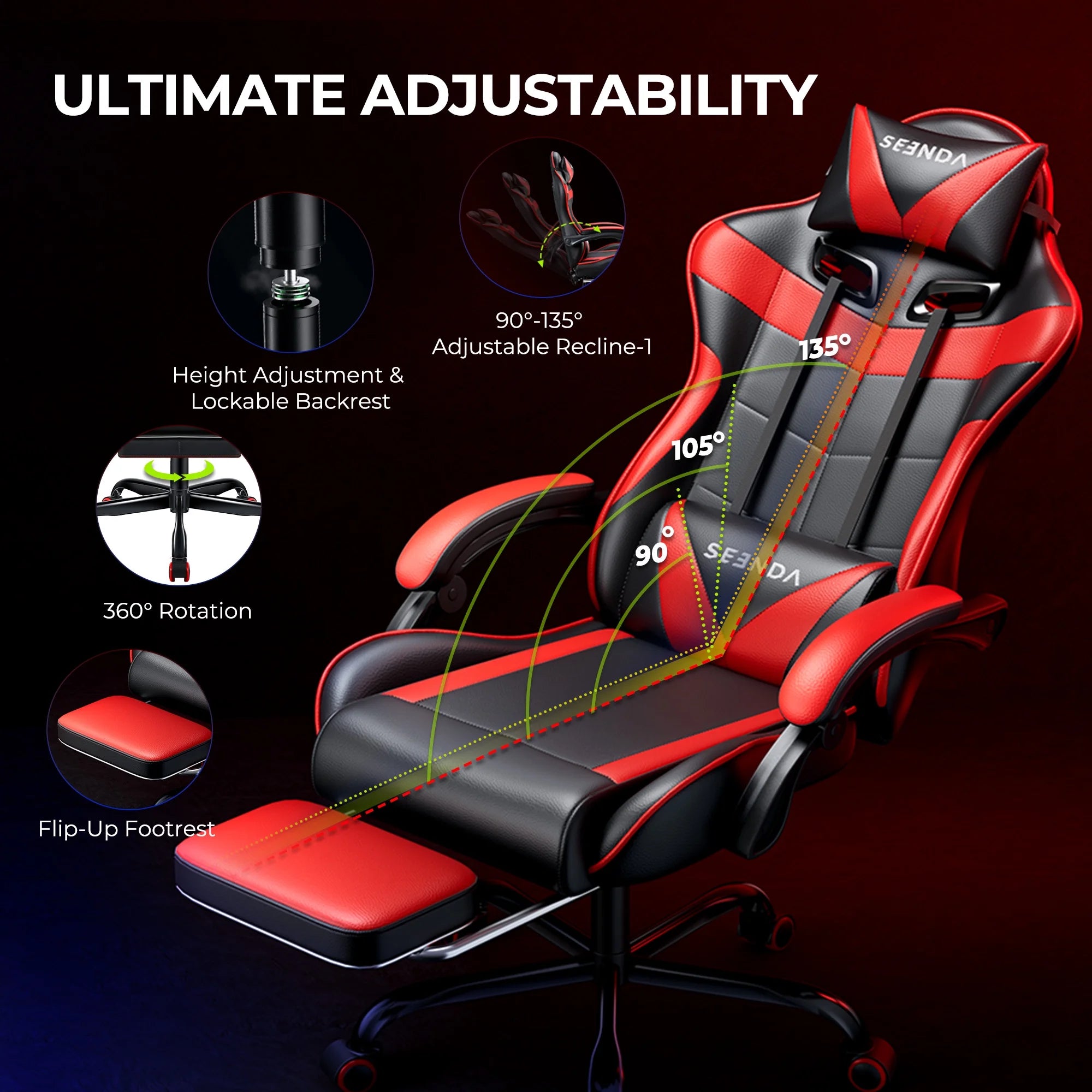 Gaming Chair,  Video Game Chair with Footrest and Lumbar Support, Ergonomic Computer Chair Height Adjustable with Swivel Seat and Headrest, Red