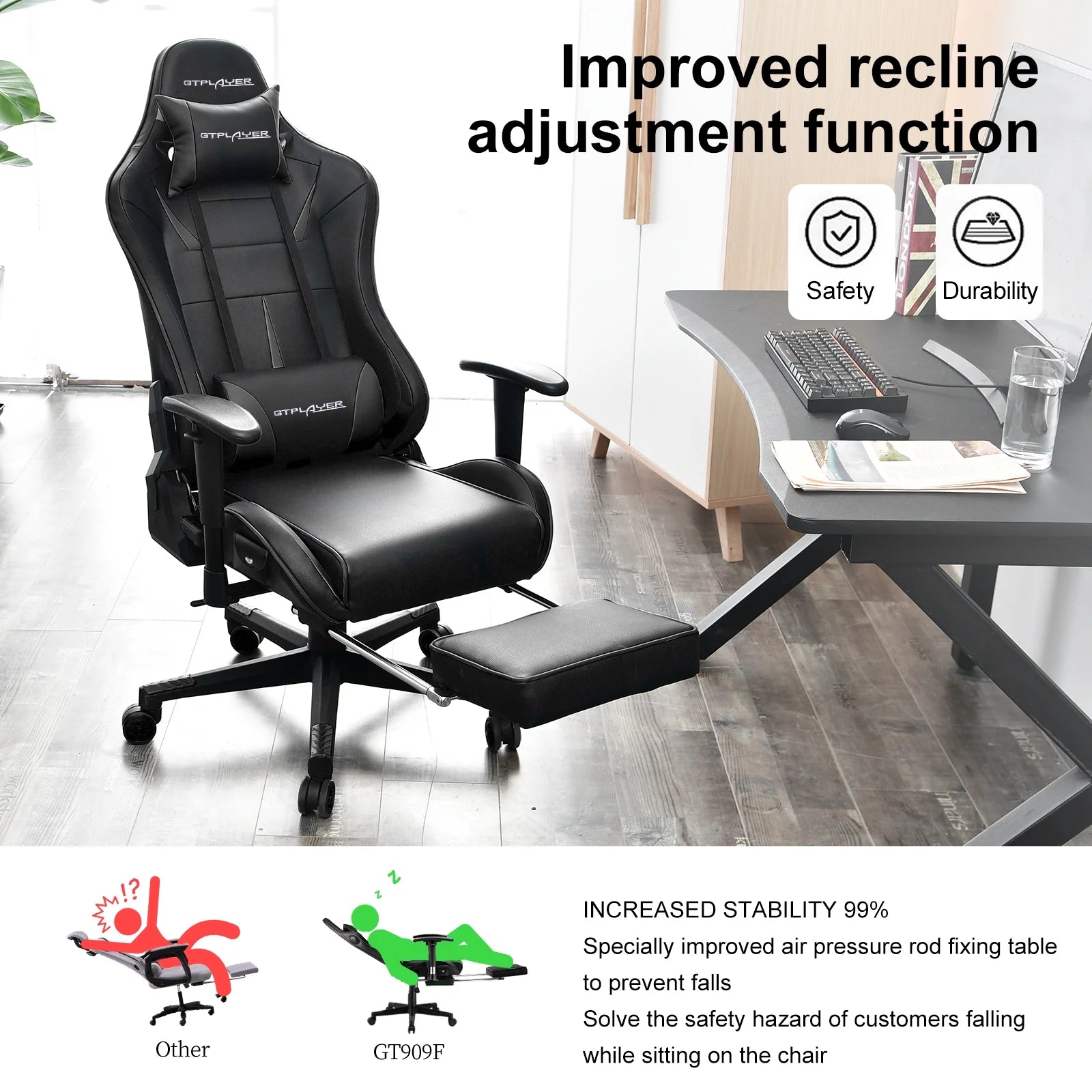 GTRACING Music Gaming Chair with Footrest Ergonomic Reclining PU Leather Office Chair, Black